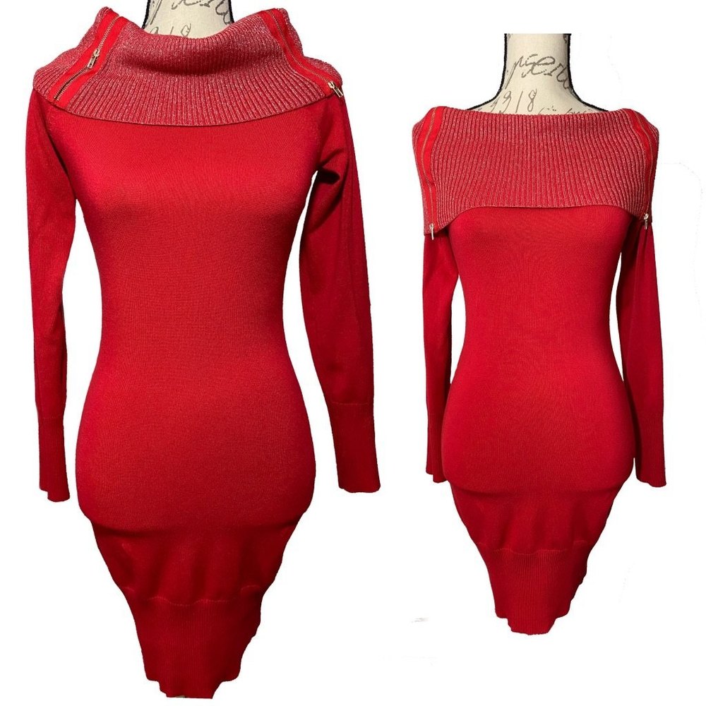No Boundaries Cowl-neck Long Sleeve Knit Stretch Dress Size S Red - Picture 1 of 9